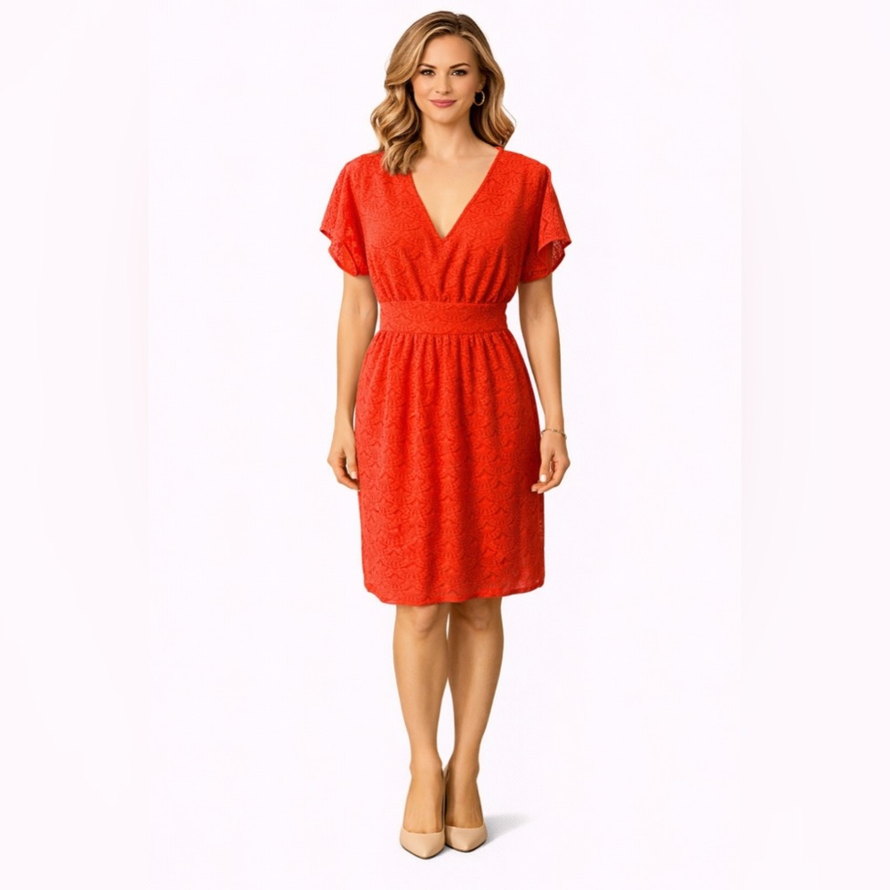 Adrianna Papell Dress Red Orange 10 Stretch Career Church Short Sleeve